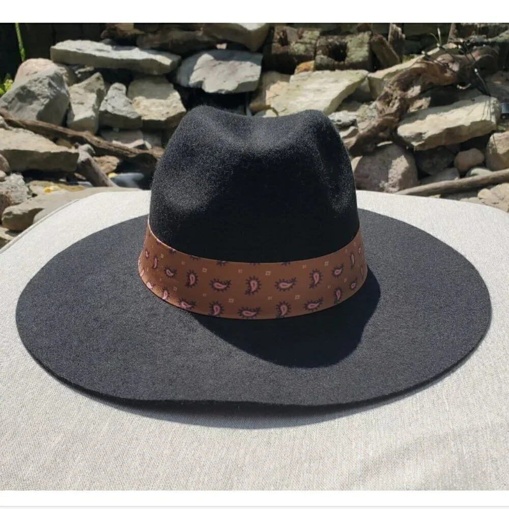 Black BOHO Wide Brim Fedora adjustable One Size Hat with Scarf Band